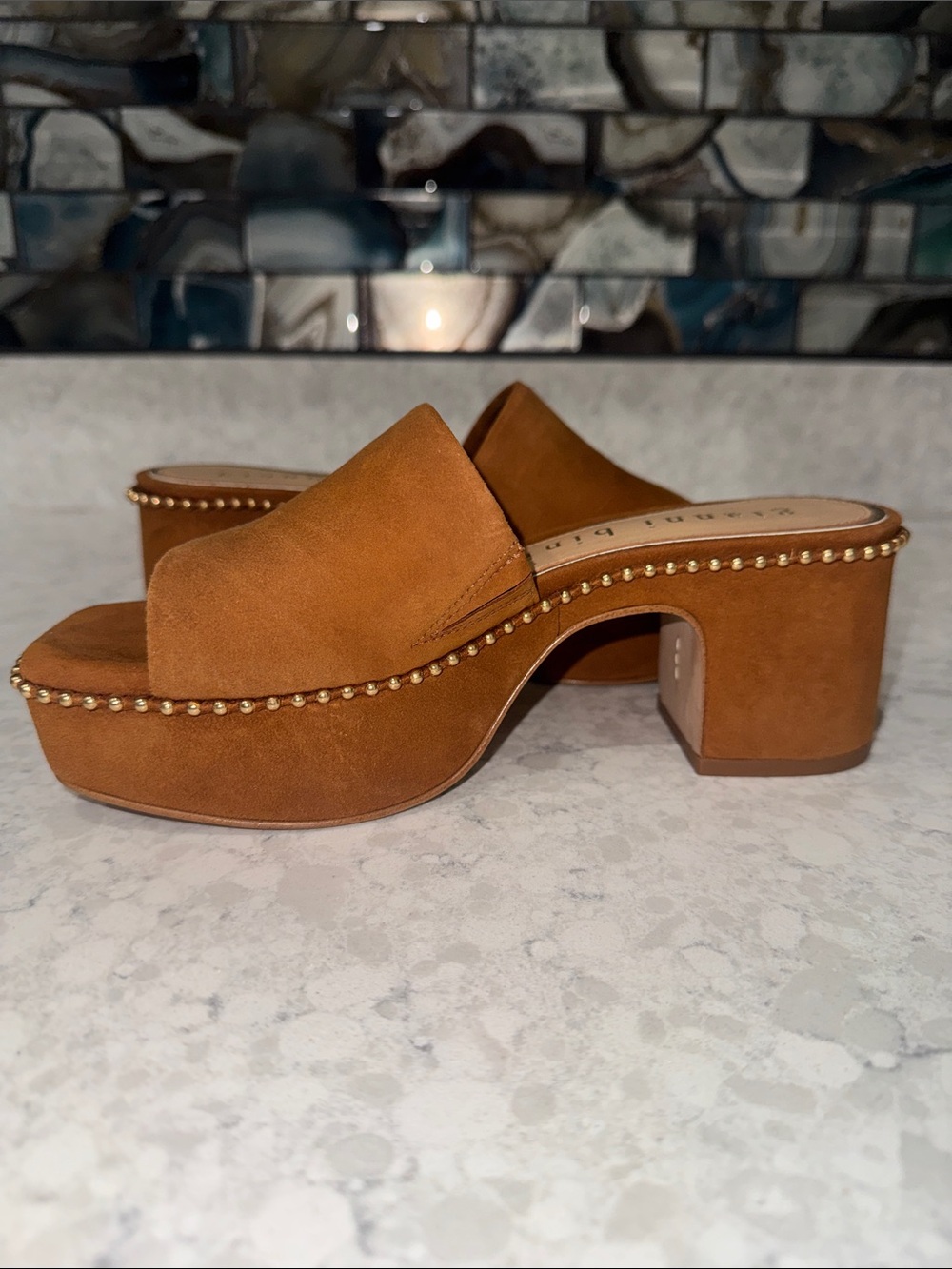 Gianni Bini Cognac Suede Platform Studded Mules - Picture 3 of 6